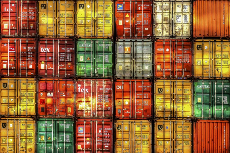 colorful, containers, yellow, green, red, square
