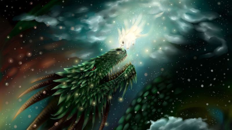 dragon, art, fiction, creature, glow, sparkles, 4k
