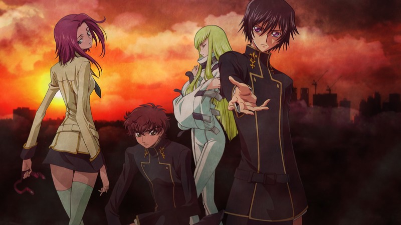 Code Geass, anime, Lamperouge Lelouch, Kururugi Suzaku, C.C., Kallen Stadtfeld, looking at viewer, miniskirt, looking back