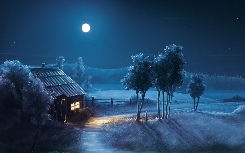 landscape, night, Moon, stars, dark, artwork, cabin, blue, calm, fence