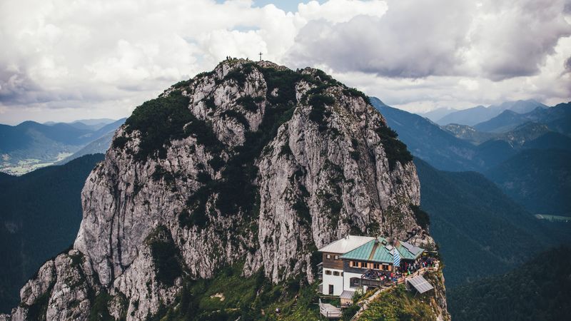 mountains, peak, mountain range, building, landscape, view, 4k