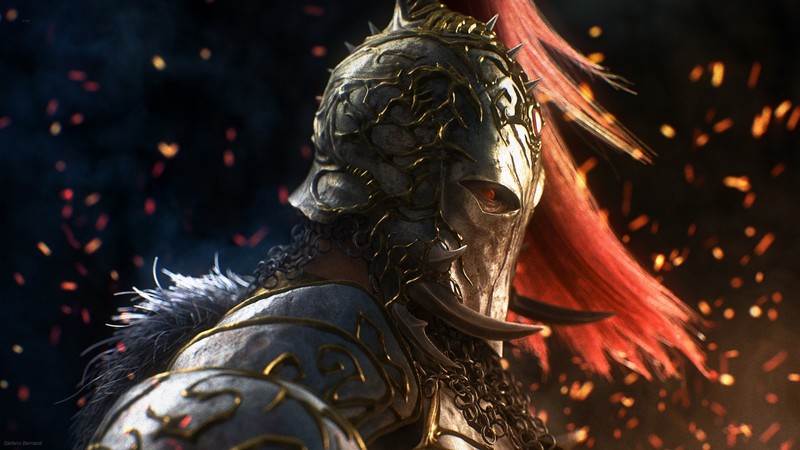 digital art, warrior, fantasy art, helmet, red eyes