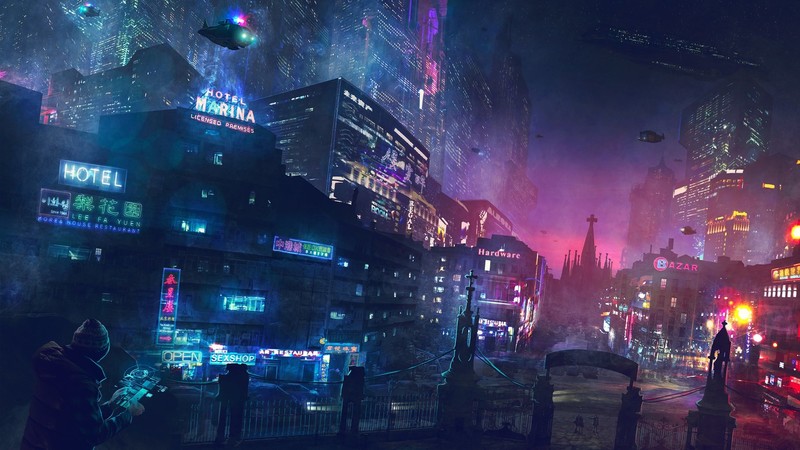 digital art, science fiction, city, cyberpunk