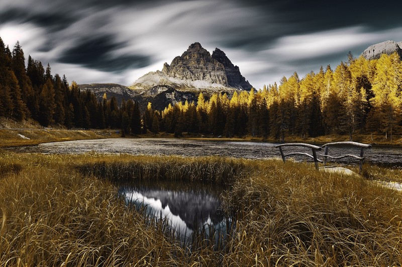 dark, sky, Dolomites (mountains), Italy, nature, landscape, lake, mountains, reeds