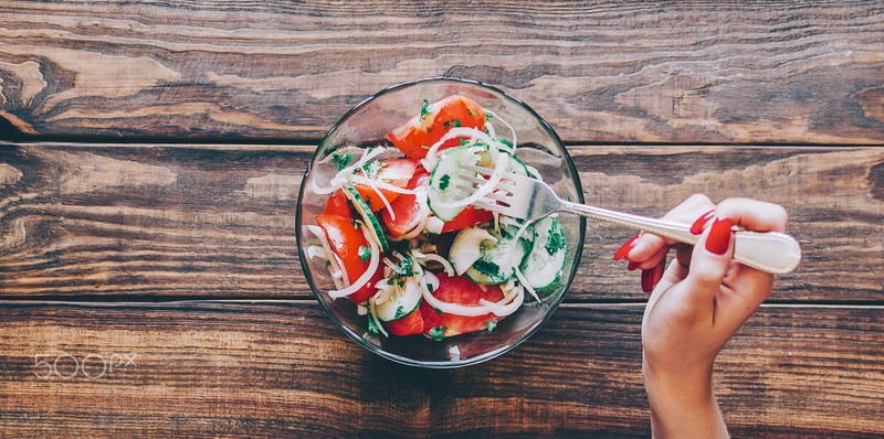500px, Valery Bond, salad, eating, fork, hands, painted nails, tomatoes, cucumbers, Cucumber, wooden surface