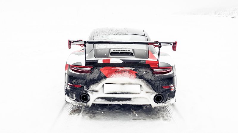 sports car, rear view, snow, winter, off road, 4k