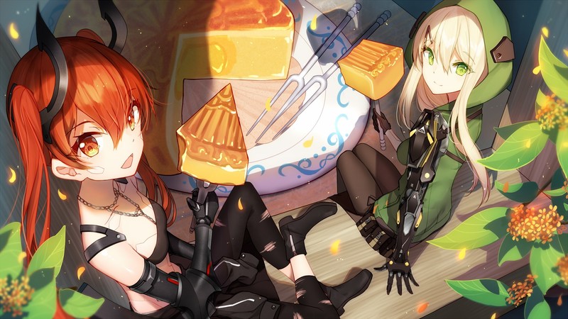anime, anime girls, original characters, black pantyhose, pantyhose, minigirl, orange eyes, torn clothes, androids, plates