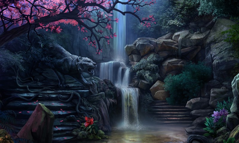 waterfall, digital art, garden, statue