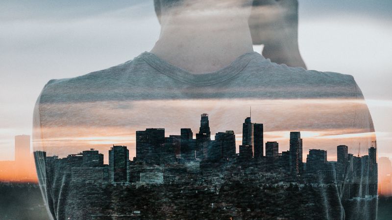 silhouette, city, double exposure, man, buildings, architecture, 4k