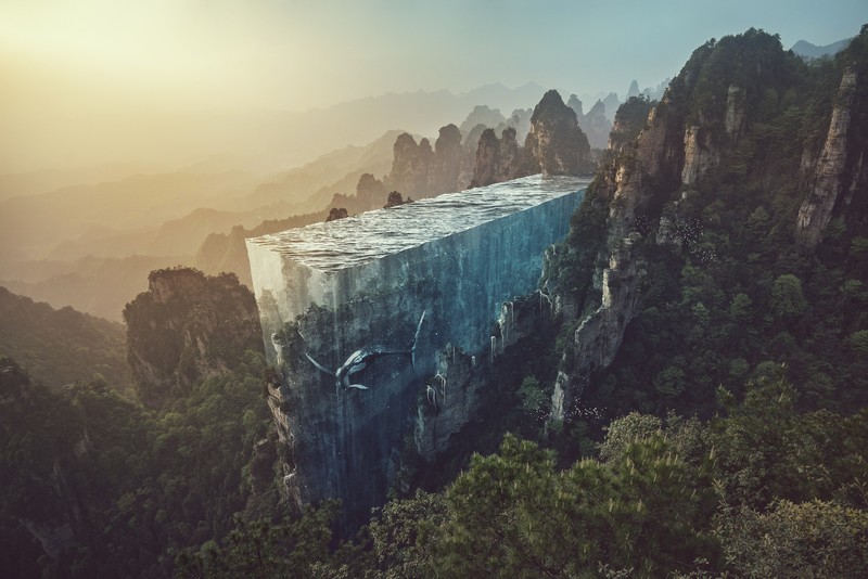 landscape, pine trees, Golden Hour, mountains, photo manipulation, water, whale