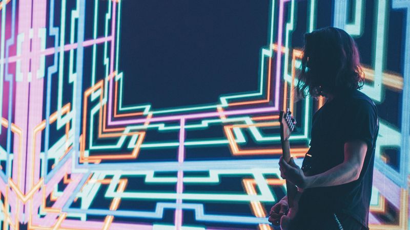 musician, guitar, stage, screen, abstraction, bright, 4k