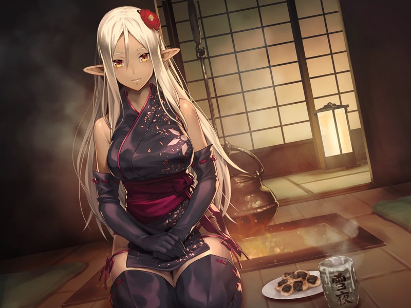 kimono, pointed ears, thigh-highs