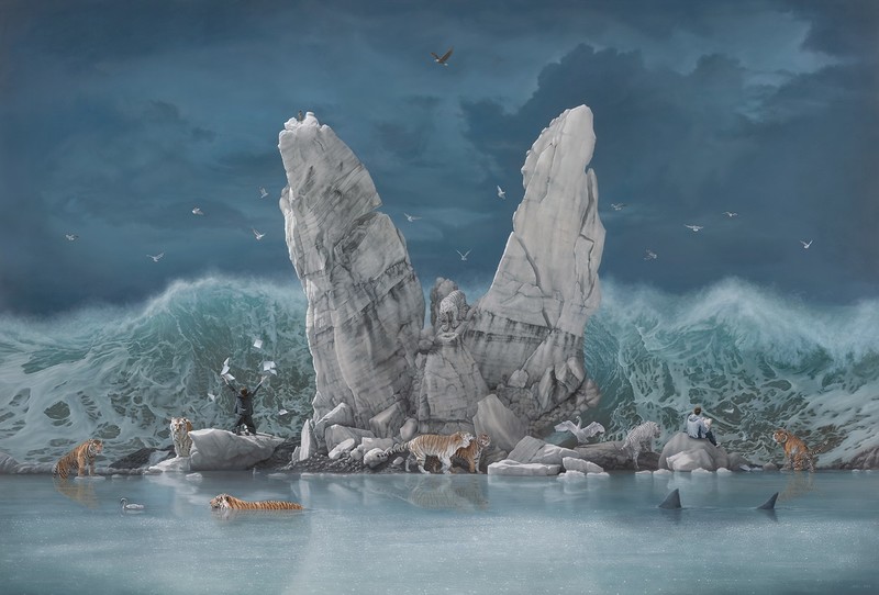 nature, landscape, winter, snow, water, digital art, fantasy art, surreal, animals, tiger, men, birds, shark, sea, waves, iceberg, clouds