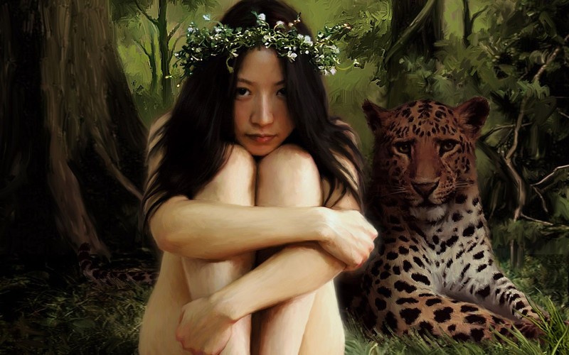 Asian, leopard, forest, nature, landscape, illustration, animals, painting