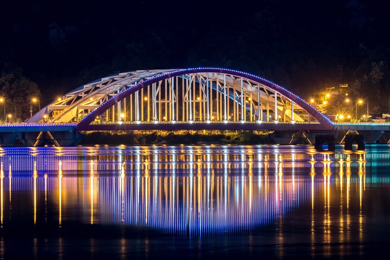 South Korea, night, bridge, Seoul, neon, lights, cityscape, reflection