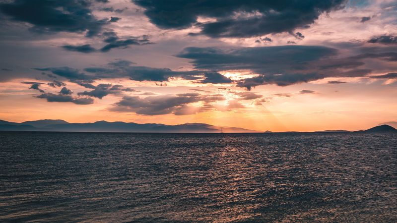 sea, clouds, sunlight, ripples, shore, mountains, 4k
