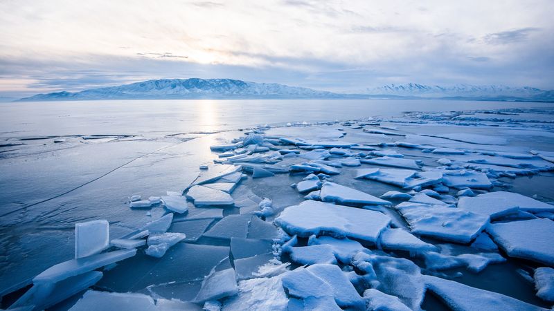 lake, ice, shards, frozen, mountains, landscape, 4k