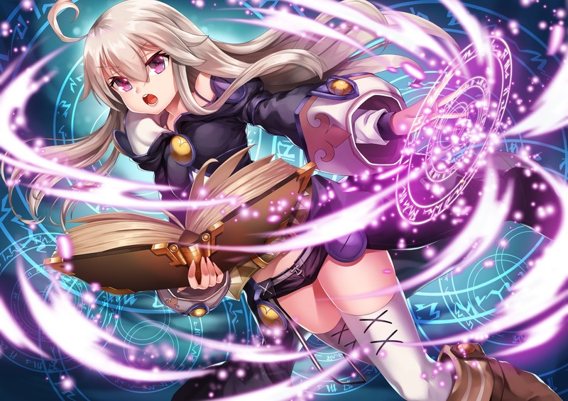 white hair, thigh-highs, Zero (Zero kara Hajimeru Mahou no Sho), Zero kara Hajimeru Mahou no Sho, books, magic
