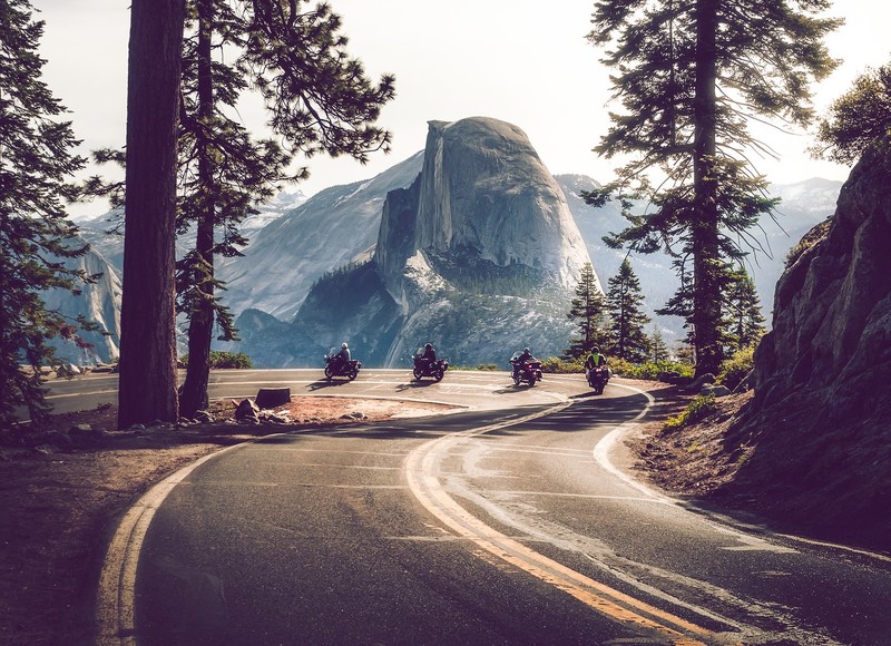 photography, road, Yosemite National Park, motorcyclist