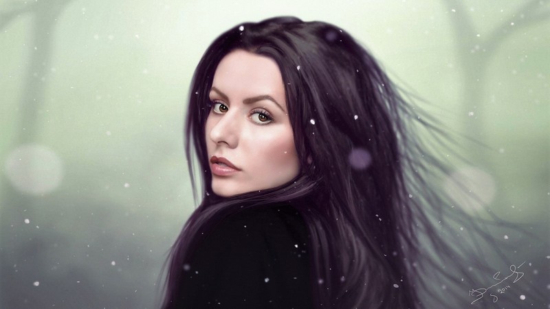 digital art, women, long hair, drawing, face, brown eyes, snow, winter