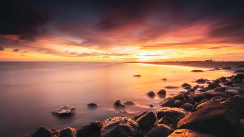 stones, coast, horizon, sunset, 4k