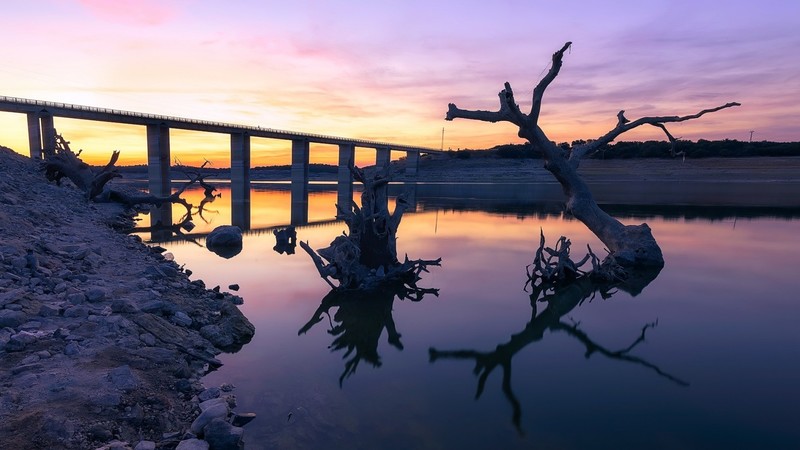 dark, sky, sunlight, water, bridge, landscape
