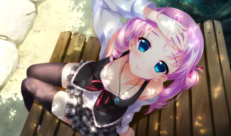 anime, anime girls, original characters, pink hair, Drill hair, blush, blushing, street, bench, sitting, skirt, stockings, black stockings, pendant, ribbon, red ribbon, trees, arm support, thigh-highs