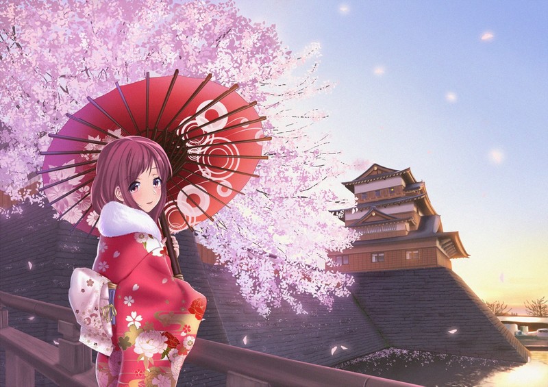 anime girls, kimono, umbrella