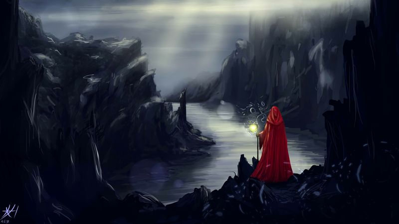 silhouette, rocks, river, art, cape, red, 4k