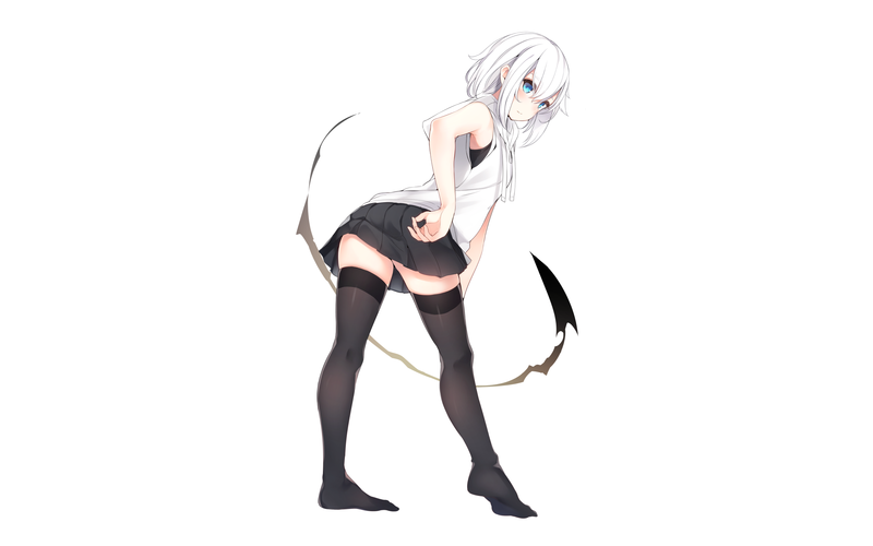 aqua eyes, blushing, short hair, white hair, thigh-highs, headdress, white clothing, skirt, hoods, ringo-chan (otokuyou)