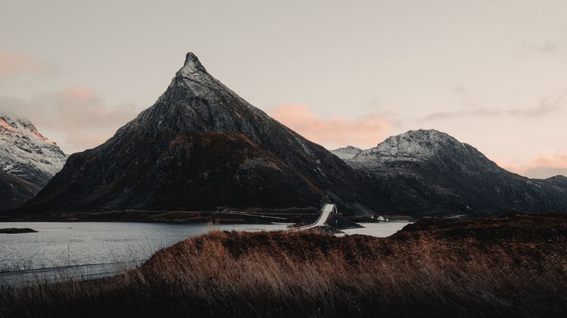 mountains, river, bridge, landscape, norway, 4k