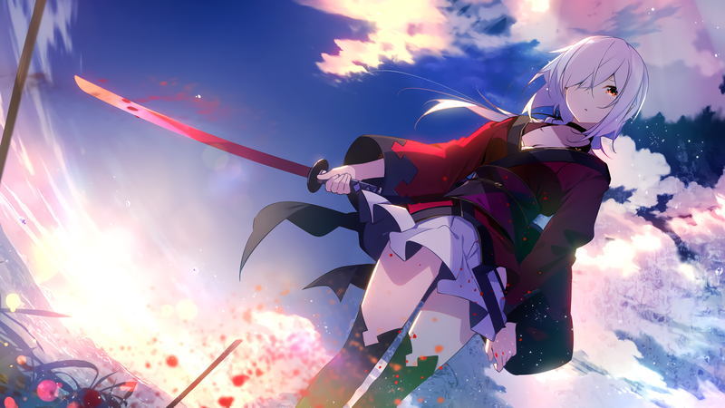 anime, anime girls, clouds, katana, white hair, red eyes, thigh-highs, sun rays, blood, girls with swords