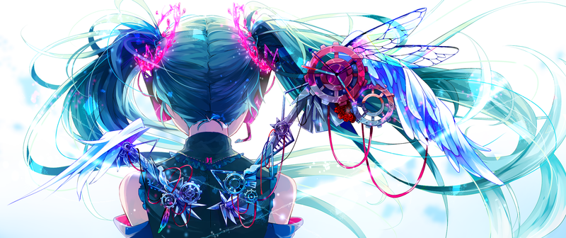 anime, anime girls, Vocaloid, Hatsune Miku, fan art, long hair, twintails, white background, blue hair, headphones