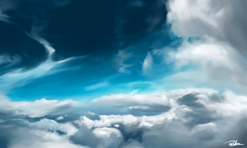 illustration, sky, clouds, cyan, artwork, painting