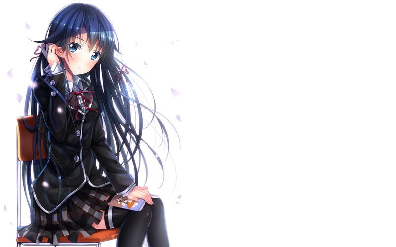 white background, Yukinoshita Yukino, Yahari Ore no Seishun Love Comedy wa Machigatteiru, books, school uniform, blue eyes, blue hair, thigh-highs
