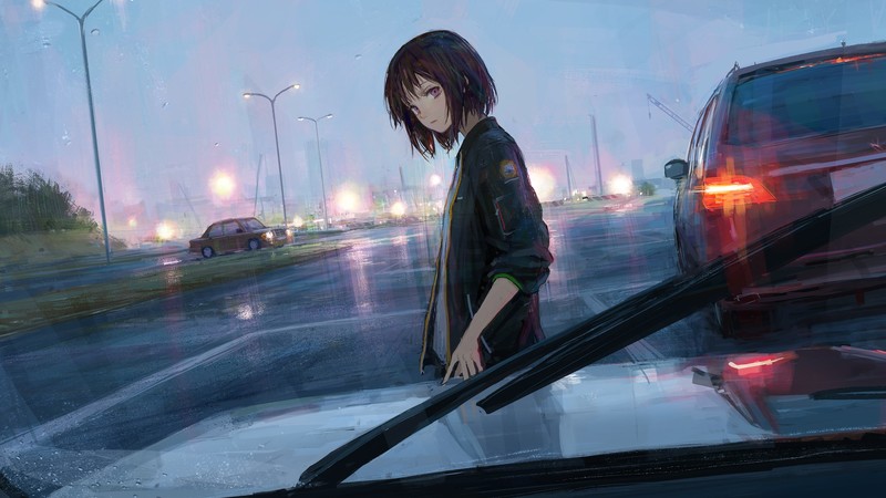 anime girls, car, traffic, rain, cityscape