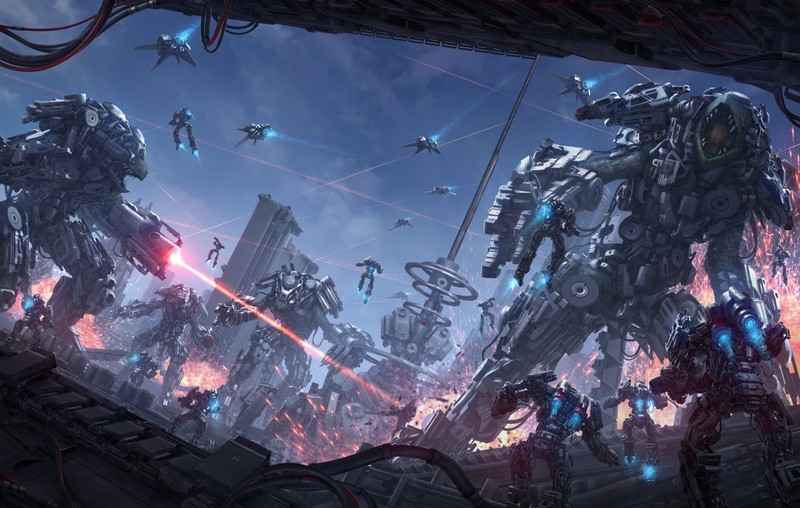 cyborg, war, futuristic, Dark Cyberpunk, cityscape