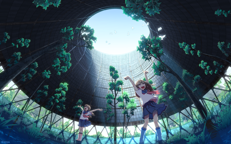 anime, anime girls, syego, happy, school uniform, skirt, sky, birds, arms up, trees, water, building