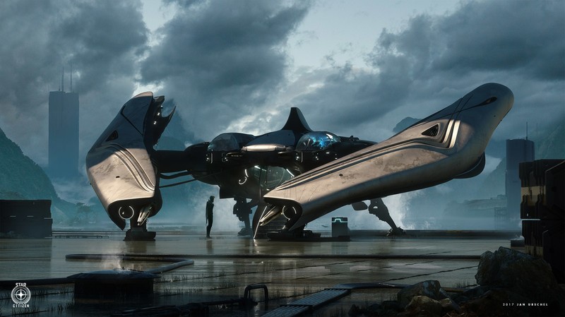 digital art, fantasy art, drawing, Jan Urschel, Star Citizen, video games, futuristic, spaceship, building, clouds