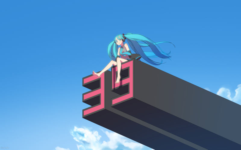anime, anime girls, syego, Hatsune Miku, aqua eyes, long hair, aqua hair, twintails, bare shoulders, barefoot, looking into the distance, tie, smiling, sky, clouds, wind, Vocaloid