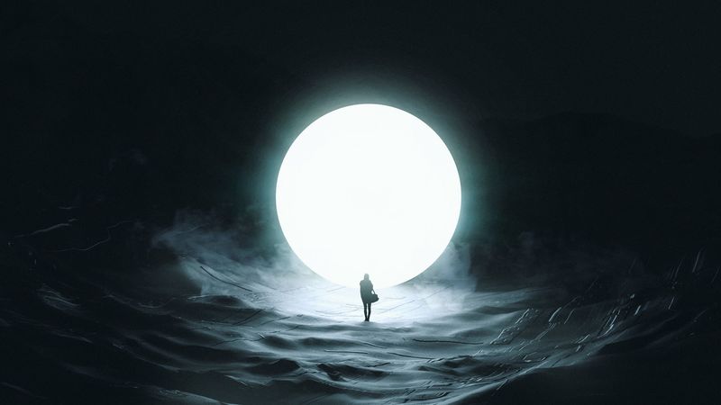 silhouette, moon, ball, glow, dark, 4k