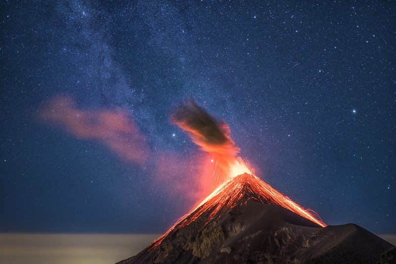 landscape, volcanic eruption, nature, sky, stars