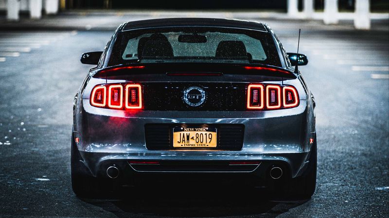 ford mustang gt, ford mustang, rear view, headlights, 4k