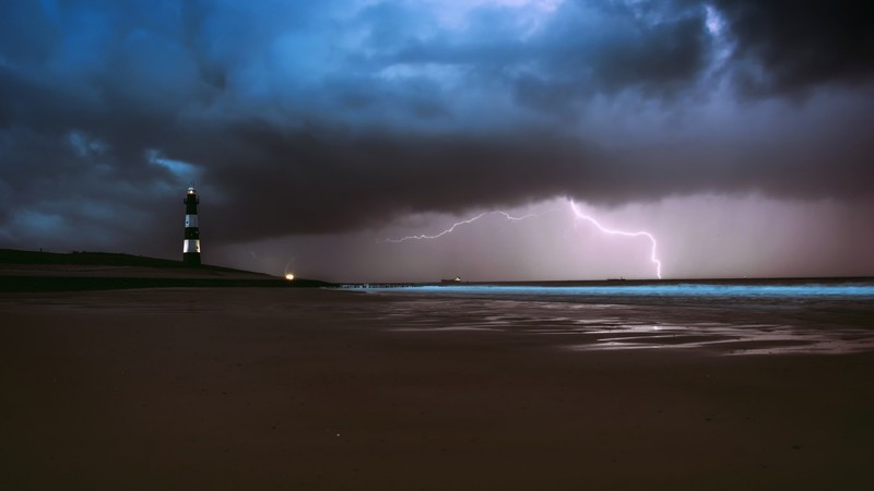 dark, sky, storm, clouds, lighthouse, lightning, horizon, sea, coast, shore