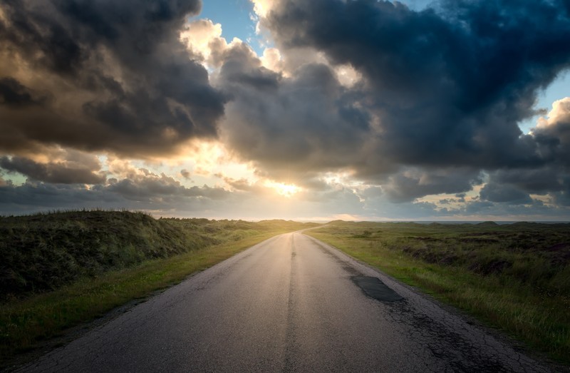 sky, Sun, dark, road, clouds, landscape