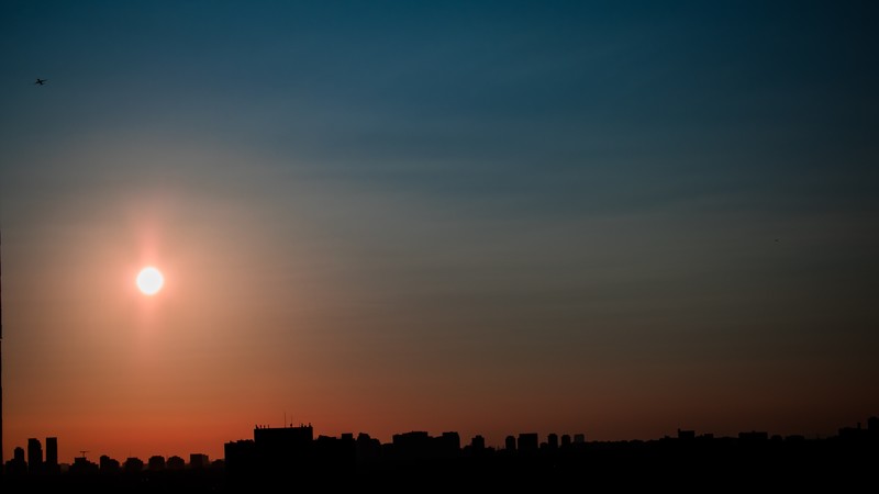 sunset, airplane, Sun, sky, cityscape, stewardess