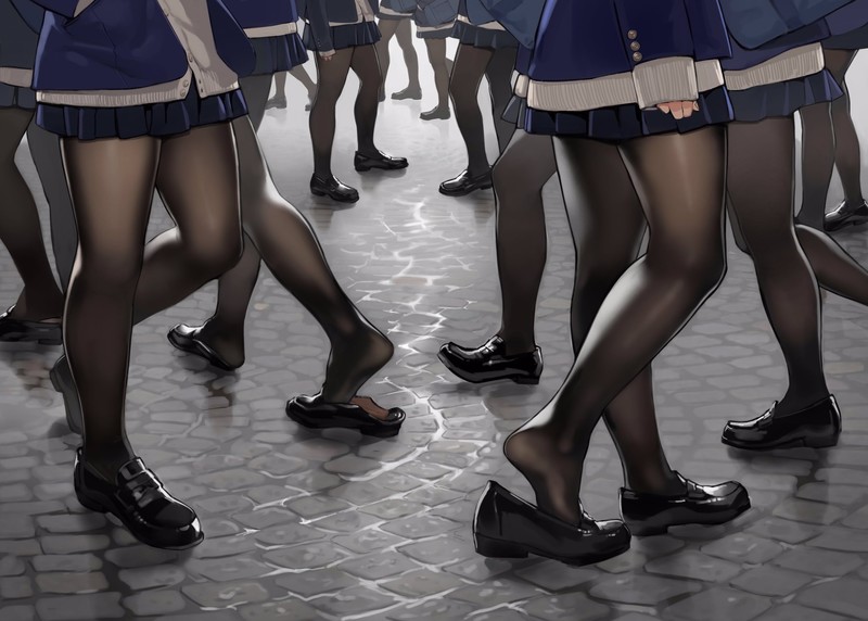 anime, anime girls, shoes, skirt, legs, miniskirt, pantyhose, black pantyhose, street, Miru Tights