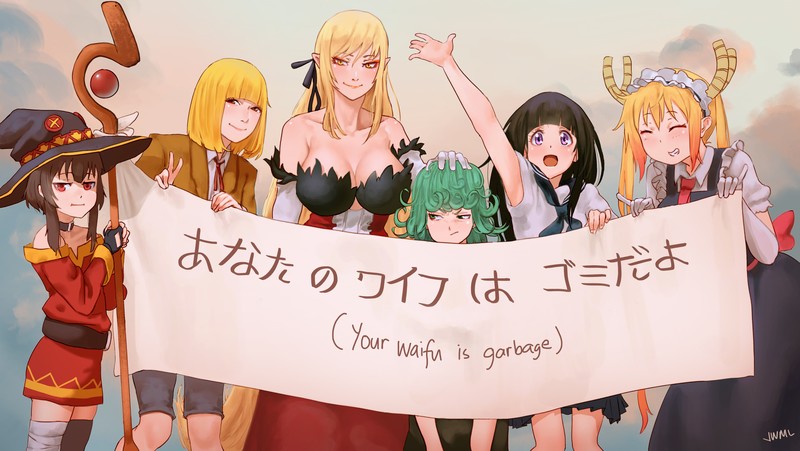 Prison School, Monogatari Series, Kobayashi-san Chi no Maid Dragon, Kono Subarashii Sekai ni Shukufuku wo!, Hyouka, anime girls, Oshino Shinobu, Tohru (Kobayashi-san Chi no Maid Dragon), Megumin, Chitanda Eru, Tatsumaki, Midorikawa Hana, One-Punch Man, crossover, big boobs, small boobs, long hair, short hair, blond hair, black hair, brunette, open mouth, witch hat, school uniform, peace sign, green hair, yellow eyes, red eyes, purple eyes, cleavage, poster, kanji, thighs, maid outfit, horns, 2D,