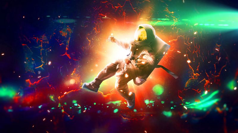 astronaut, flash, bright, colorful, sparks, 4k