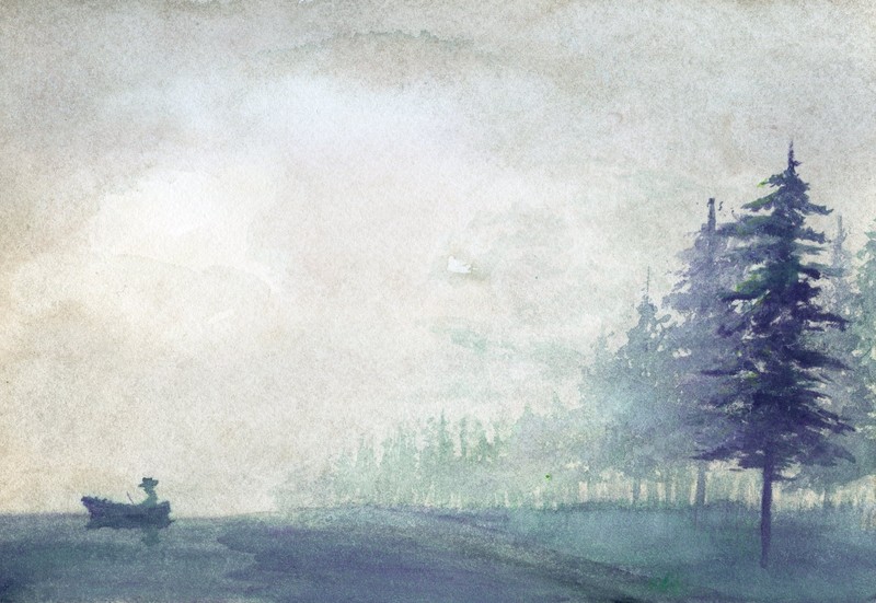trees, snow, mist, lake, artwork, painting, traditional art